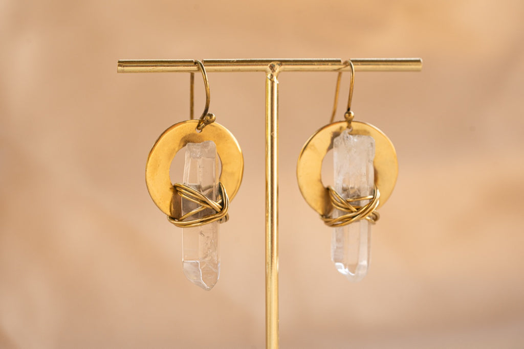 Cocoon Quartz handmade brass earring with clear quartz stone — Land of Sundara