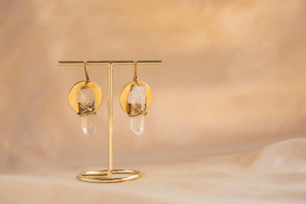 Cocoon Quartz handmade brass earring with clear quartz stone — Land of Sundara