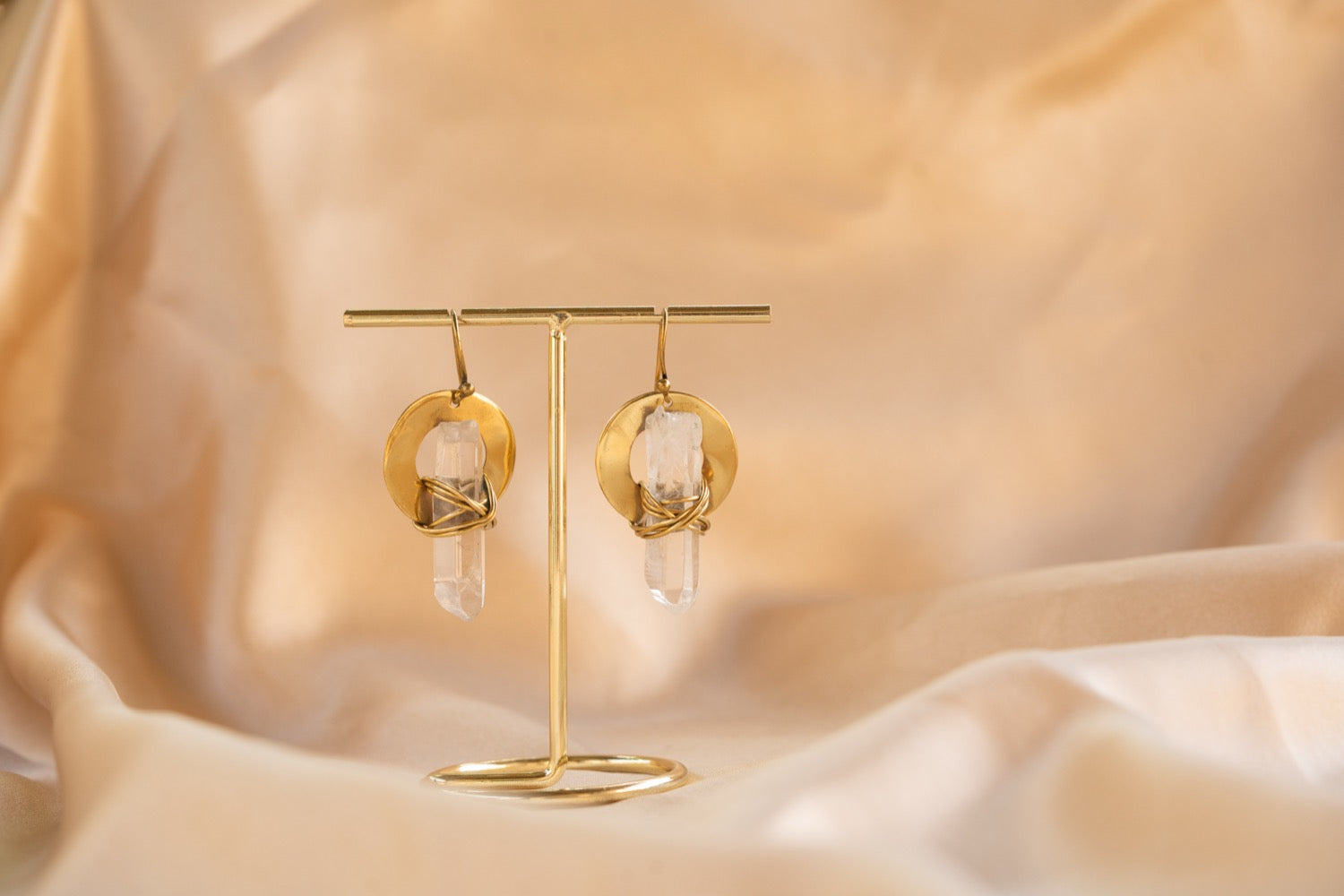 Cocoon Quartz handmade brass earring with clear quartz stone — Land of Sundara