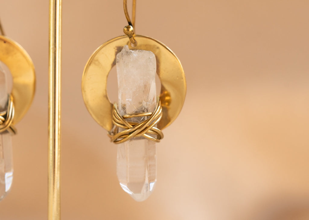 Cocoon Quartz handmade brass earring with clear quartz stone — Land of Sundara