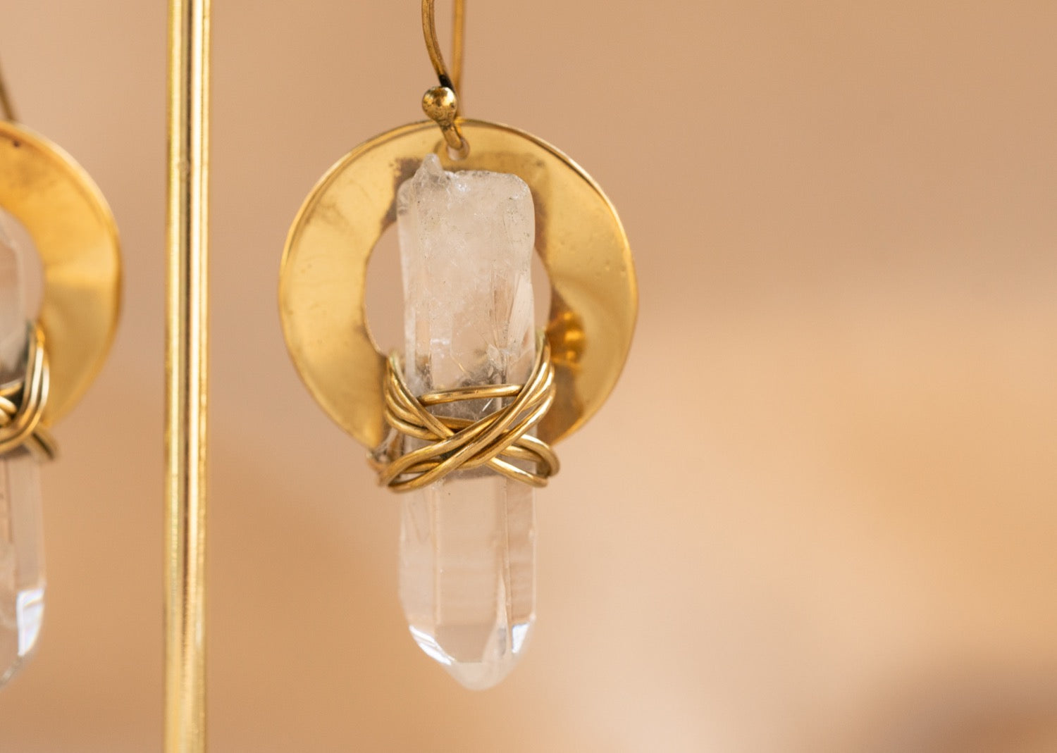 Cocoon Quartz handmade brass earring with clear quartz stone — Land of Sundara