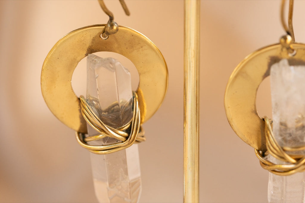 Cocoon Quartz handmade brass earring with clear quartz stone — Land of Sundara