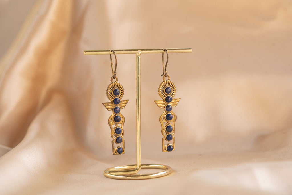 Isis handmade brass earring with lapis lazuli stone — Land of Sundara