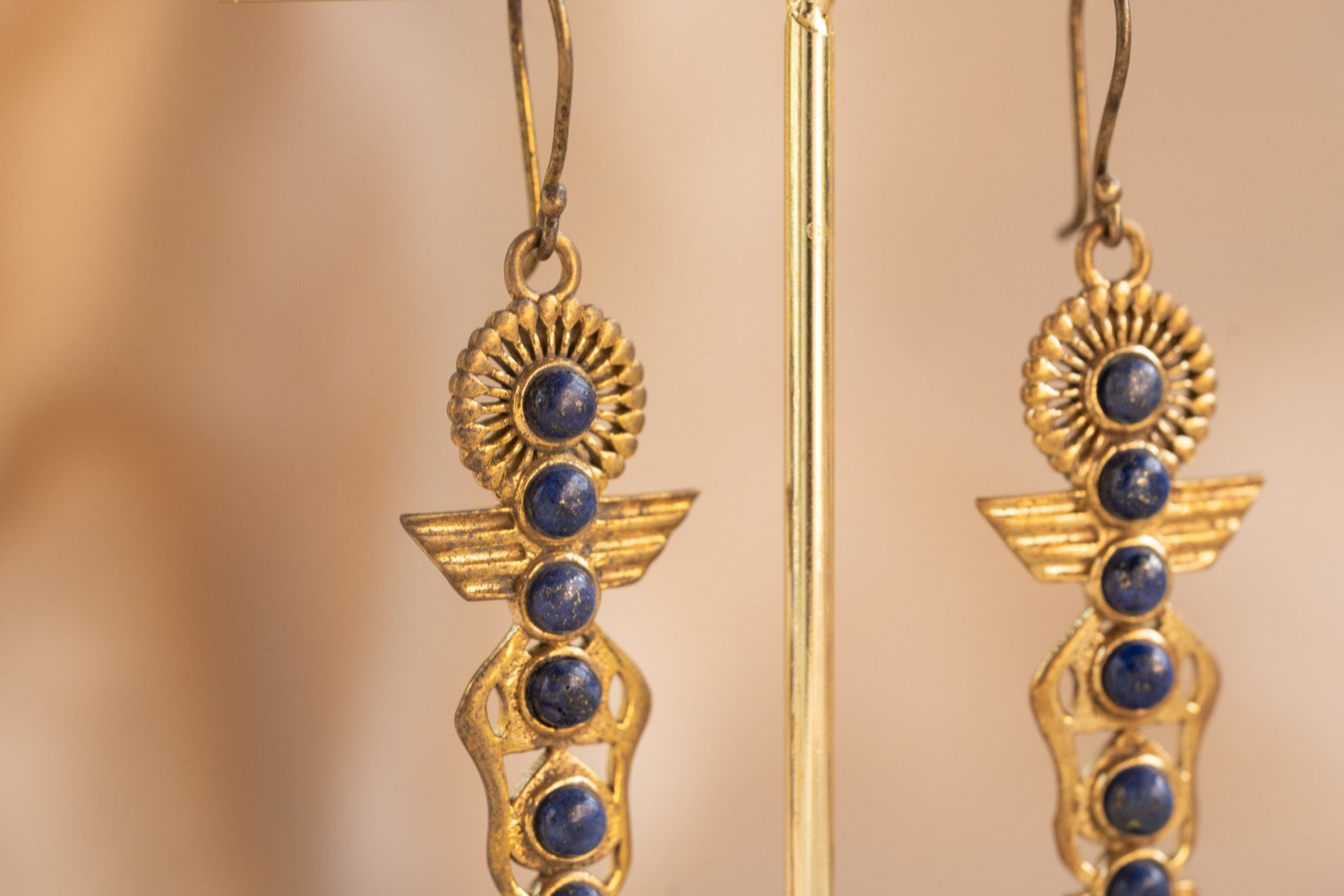 Isis handmade brass earring with lapis lazuli stone — Land of Sundara