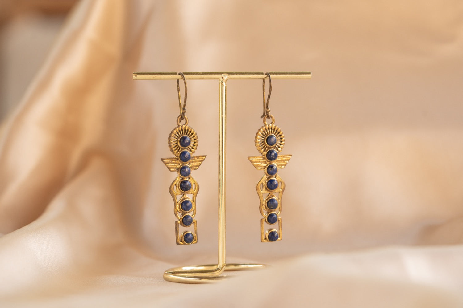 Isis handmade brass earring with lapis lazuli stone — Land of Sundara