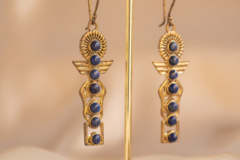 Isis handmade brass earring with lapis lazuli stone — Land of Sundara