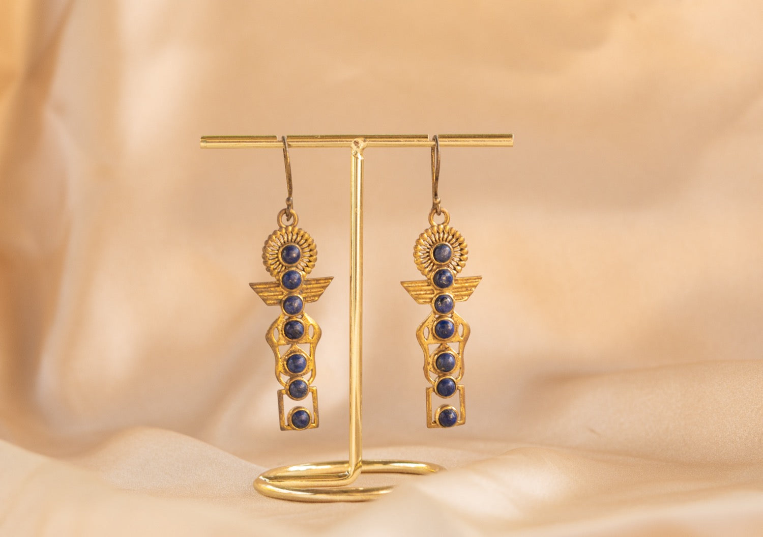 Isis handmade brass earring with lapis lazuli stone — Land of Sundara