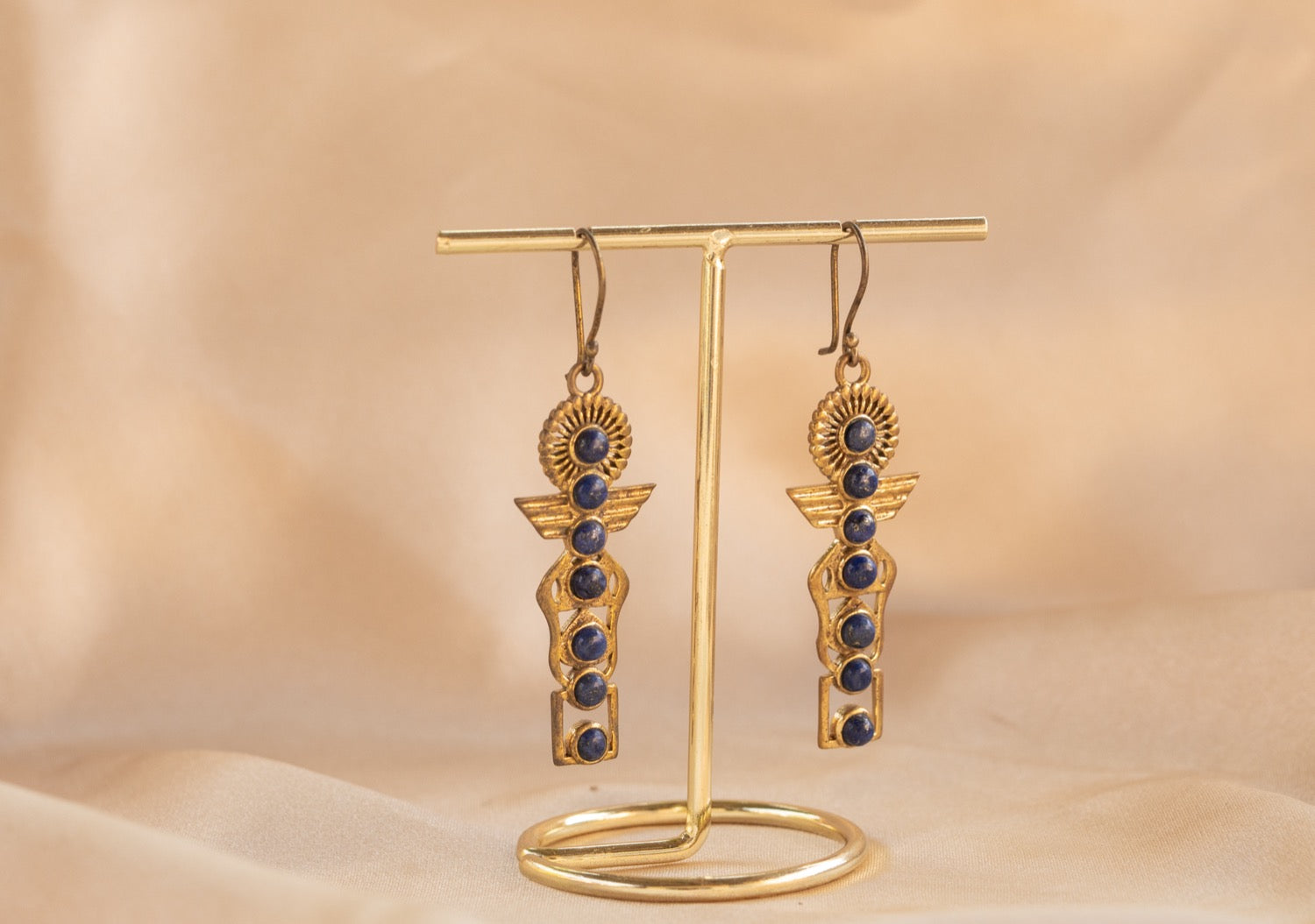 Isis handmade brass earring with lapis lazuli stone — Land of Sundara
