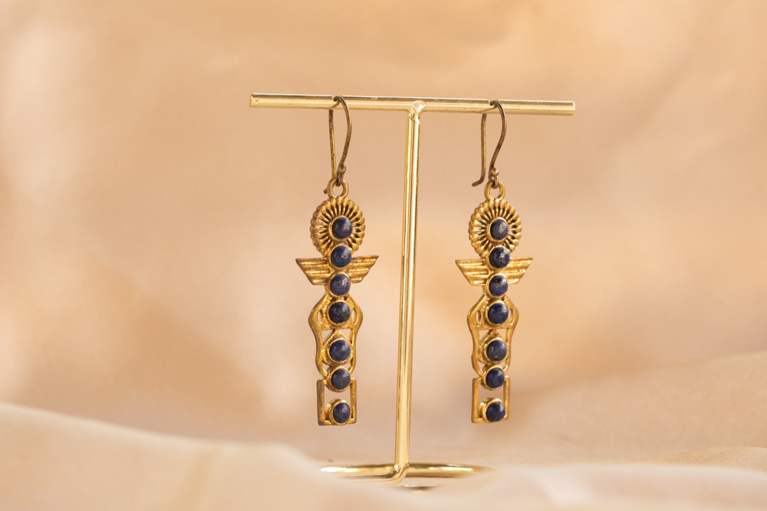 Isis handmade brass earring with lapis lazuli stone — Land of Sundara