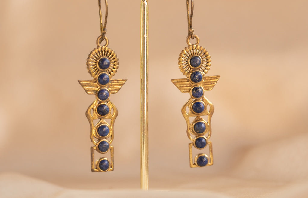 Isis handmade brass earring with lapis lazuli stone — Land of Sundara