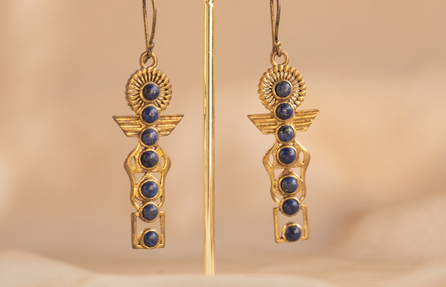 Isis handmade brass earring with lapis lazuli stone — Land of Sundara