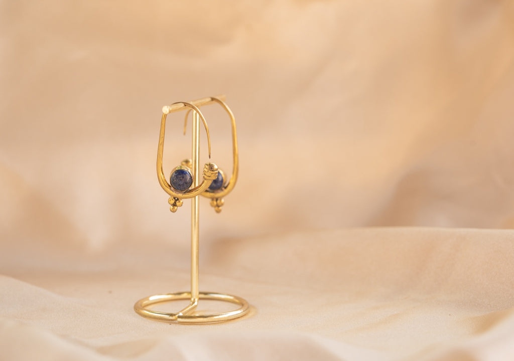 Berber Hoop handmade brass earring with lapis lazuli stone — Land of Sundara