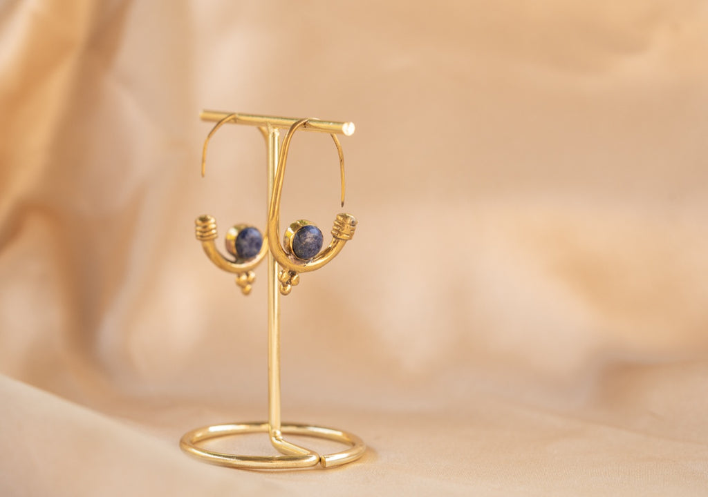 Berber Hoop handmade brass earring with lapis lazuli stone — Land of Sundara