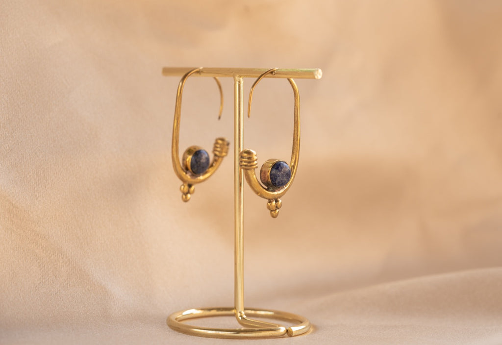 Berber Hoop handmade brass earring with lapis lazuli stone — Land of Sundara