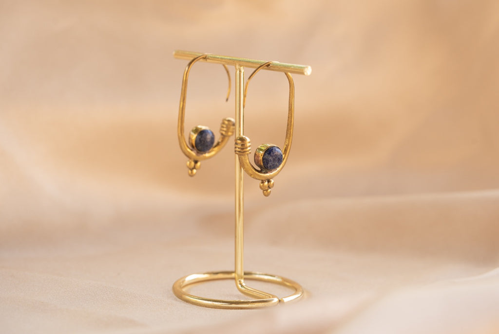 Berber Hoop handmade brass earring with lapis lazuli stone — Land of Sundara