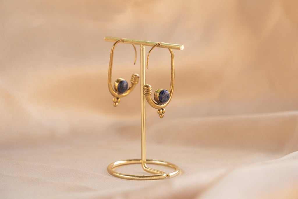 Berber Hoop handmade brass earring with lapis lazuli stone — Land of Sundara