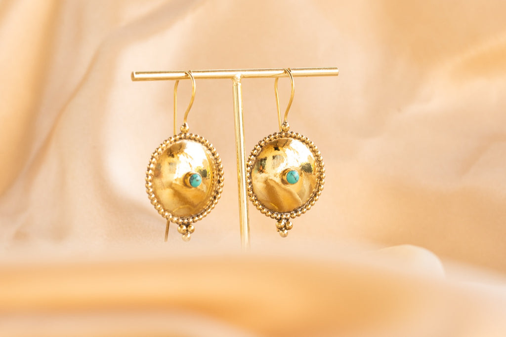Oasis Disk handmade brass earring with turquoise stone — Land of Sundara