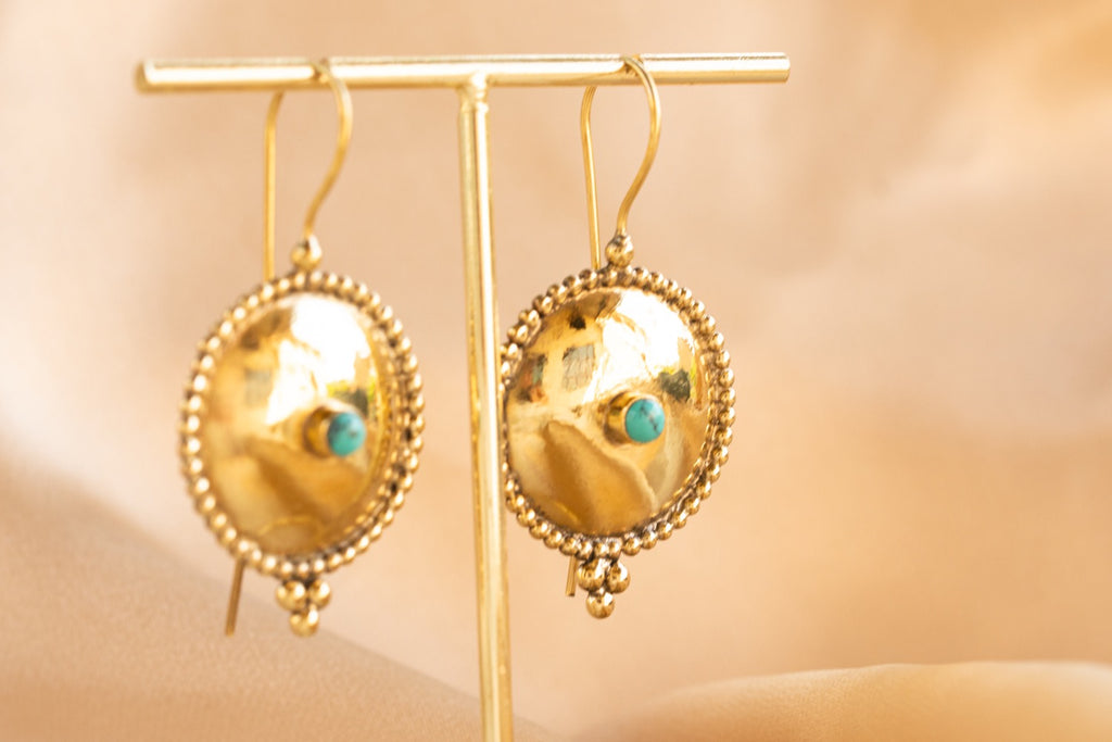 Oasis Disk handmade brass earring with turquoise stone — Land of Sundara