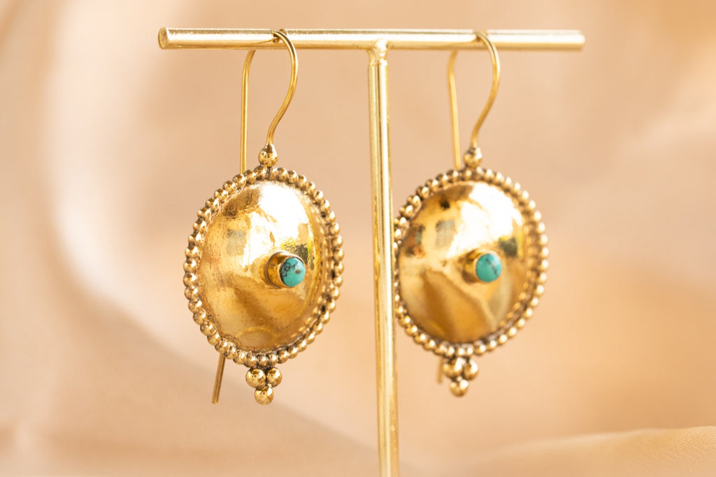 Oasis Disk handmade brass earring with turquoise stone — Land of Sundara