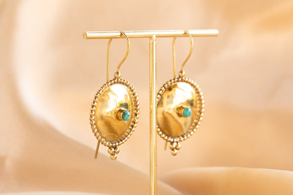 Oasis Disk handmade brass earring with turquoise stone — Land of Sundara