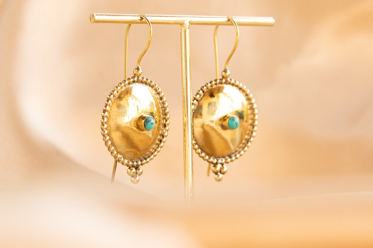 Oasis Disk handmade brass earring with turquoise stone — Land of Sundara
