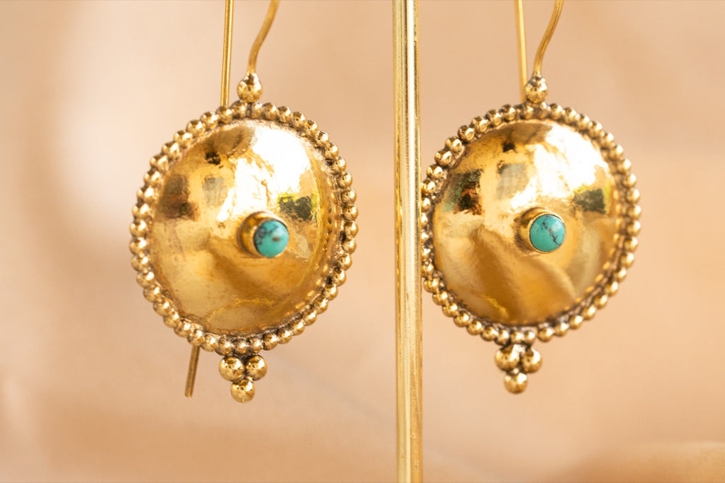 Oasis Disk handmade brass earring with turquoise stone — Land of Sundara