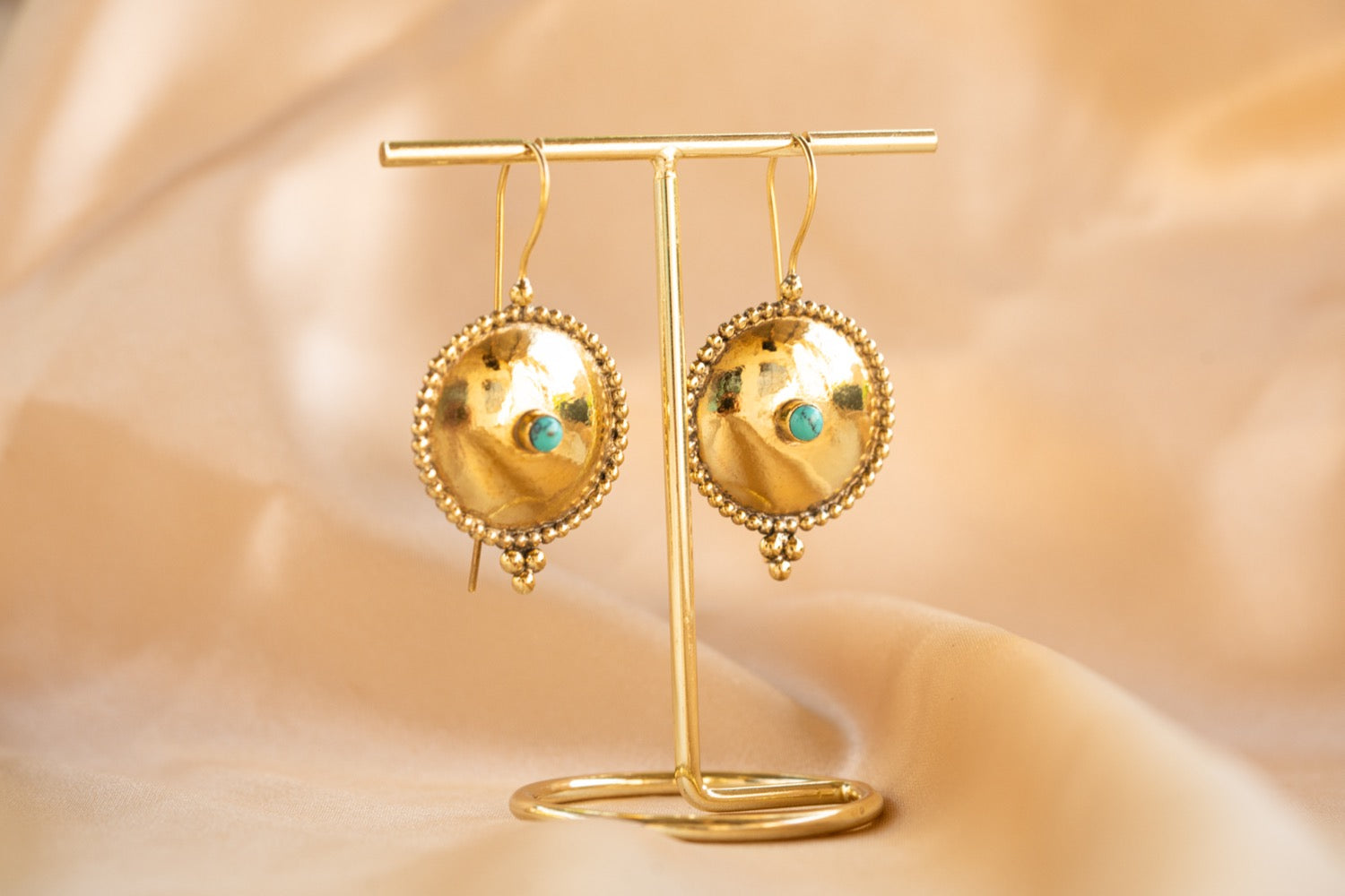 Oasis Disk handmade brass earring with turquoise stone — Land of Sundara
