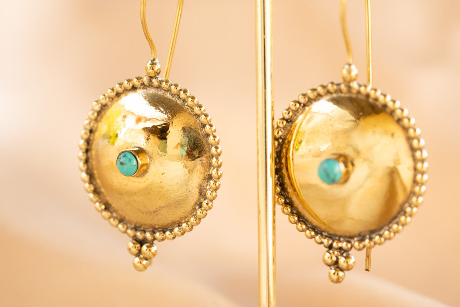 Oasis Disk handmade brass earring with turquoise stone — Land of Sundara