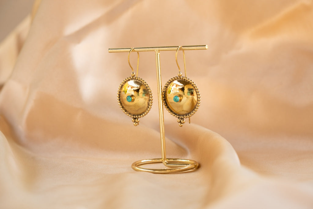 Oasis Disk handmade brass earring with turquoise stone — Land of Sundara