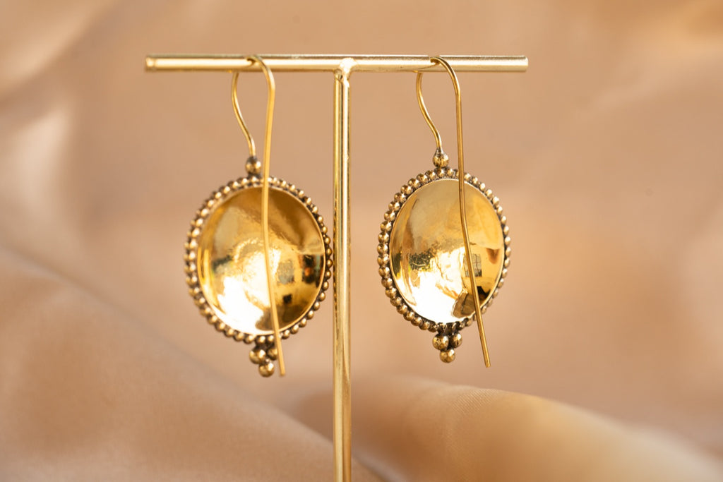Oasis Disk handmade brass earring with turquoise stone — Land of Sundara