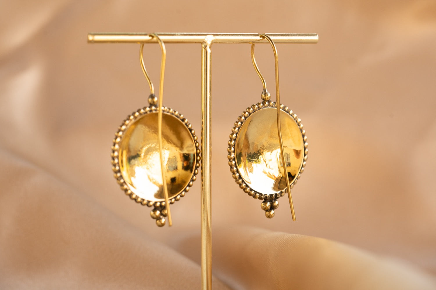 Oasis Disk handmade brass earring with turquoise stone — Land of Sundara