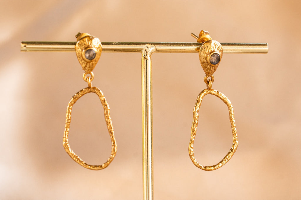 Wisp Drop handmade brass earring with amethyst stone — Land of Sundara