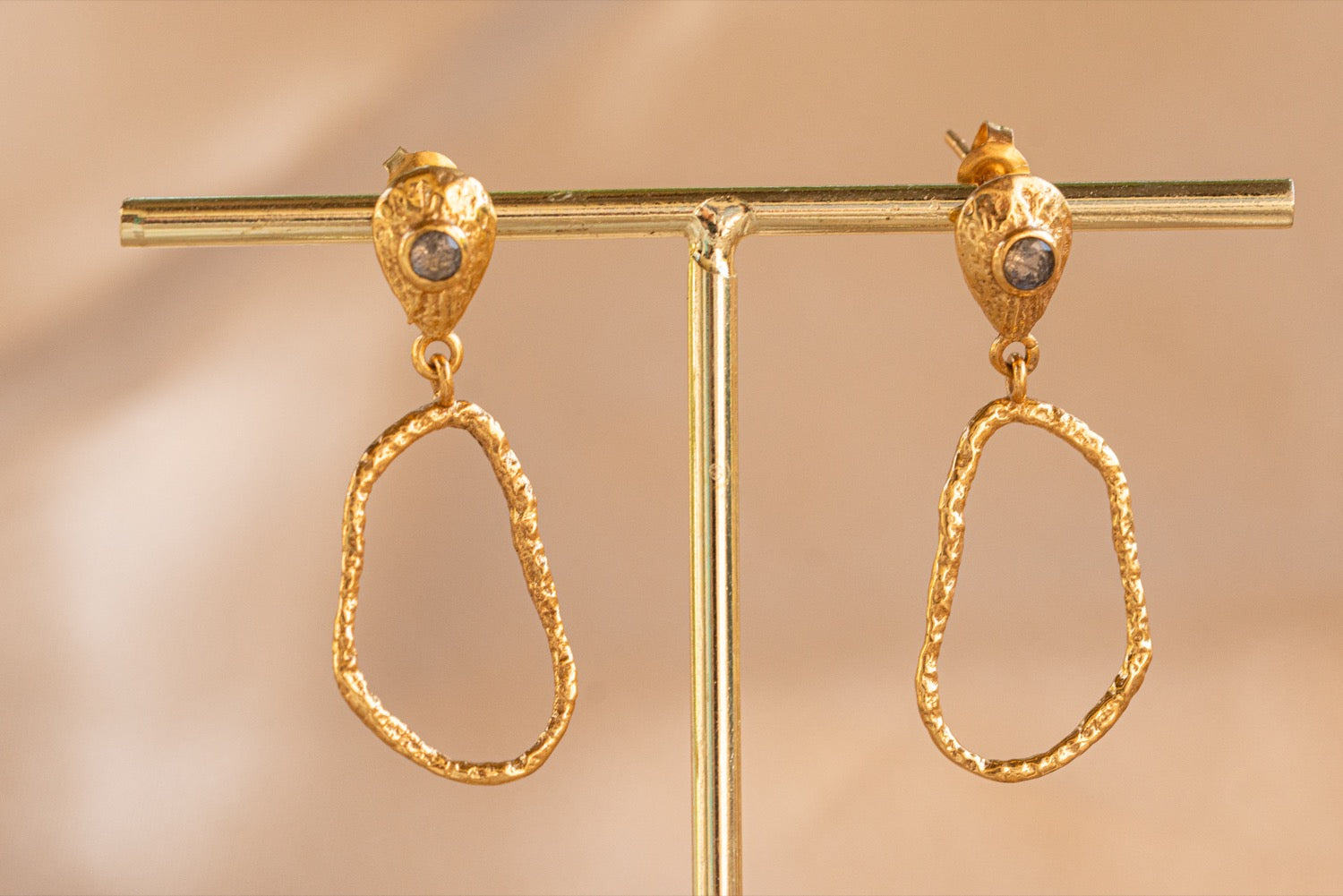Wisp Drop handmade brass earring with amethyst stone — Land of Sundara