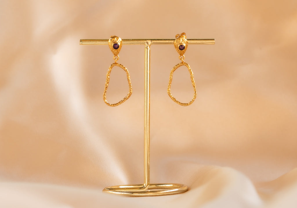 Wisp Drop handmade brass earring with amethyst stone — Land of Sundara