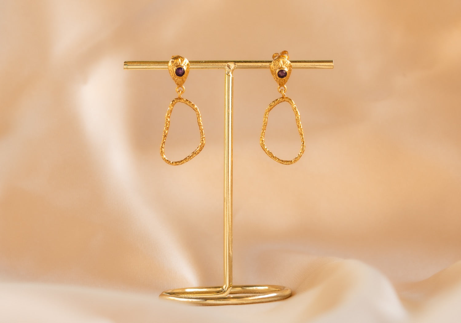 Wisp Drop handmade brass earring with amethyst stone — Land of Sundara