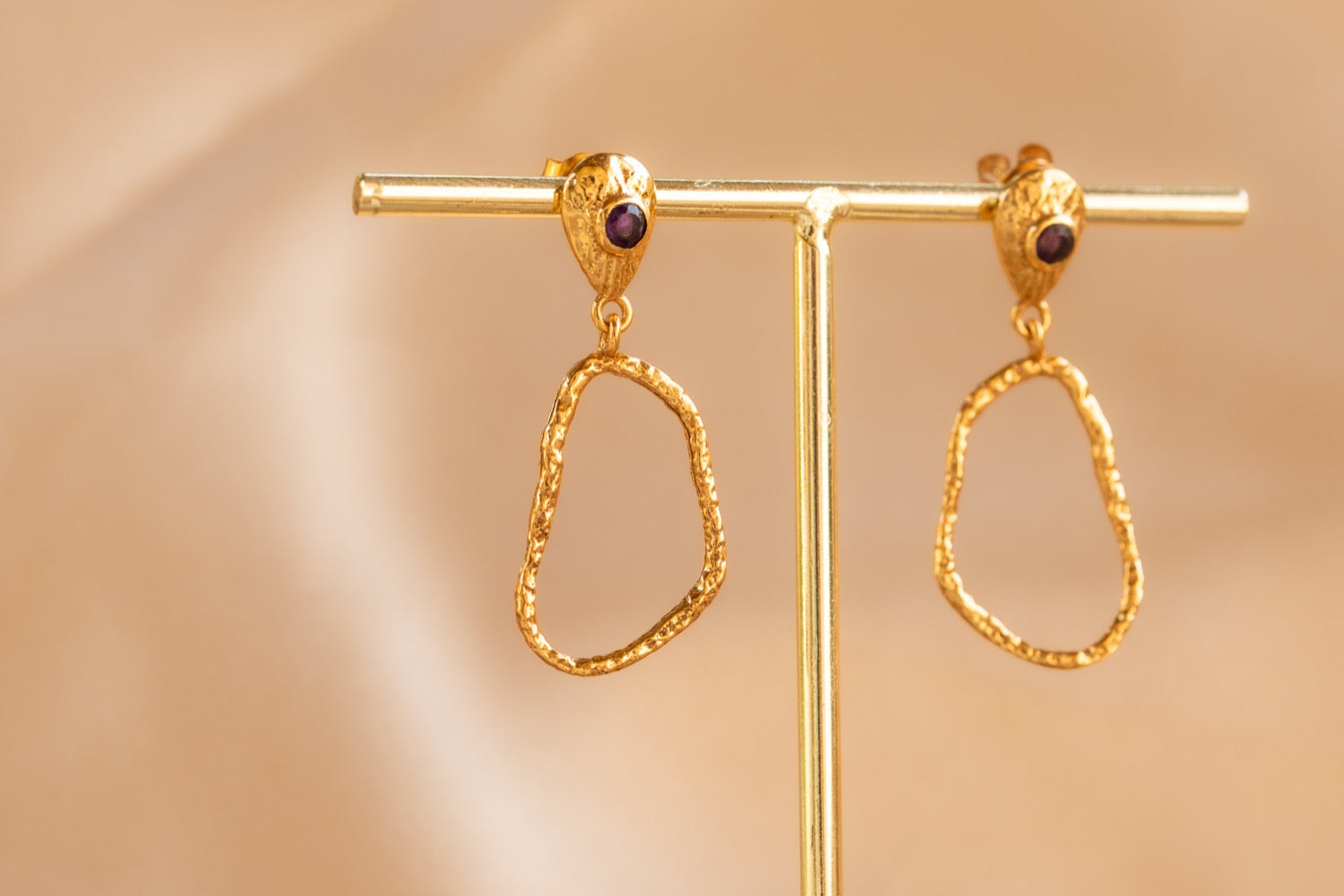Wisp Drop handmade brass earring with amethyst stone — Land of Sundara