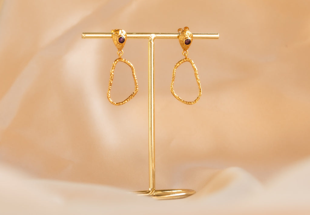Wisp Drop handmade brass earring with amethyst stone — Land of Sundara
