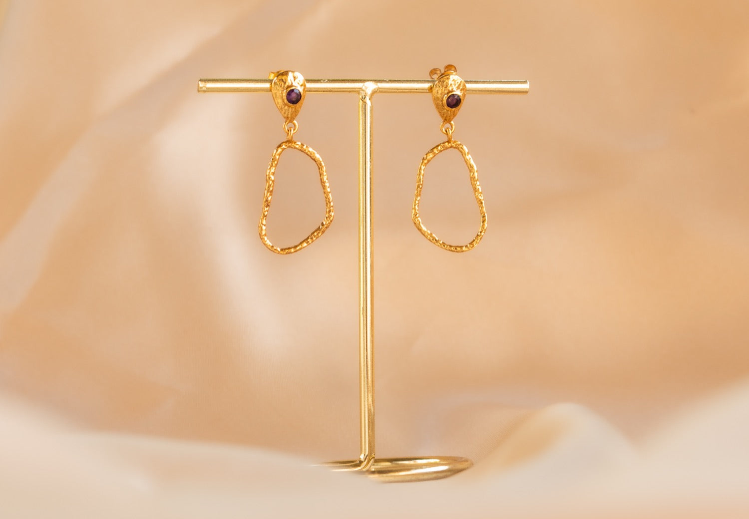 Wisp Drop handmade brass earring with amethyst stone — Land of Sundara