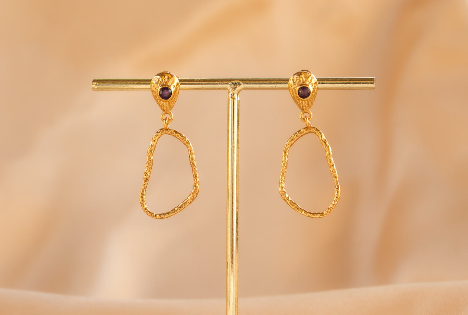 Wisp Drop handmade brass earring with amethyst stone — Land of Sundara