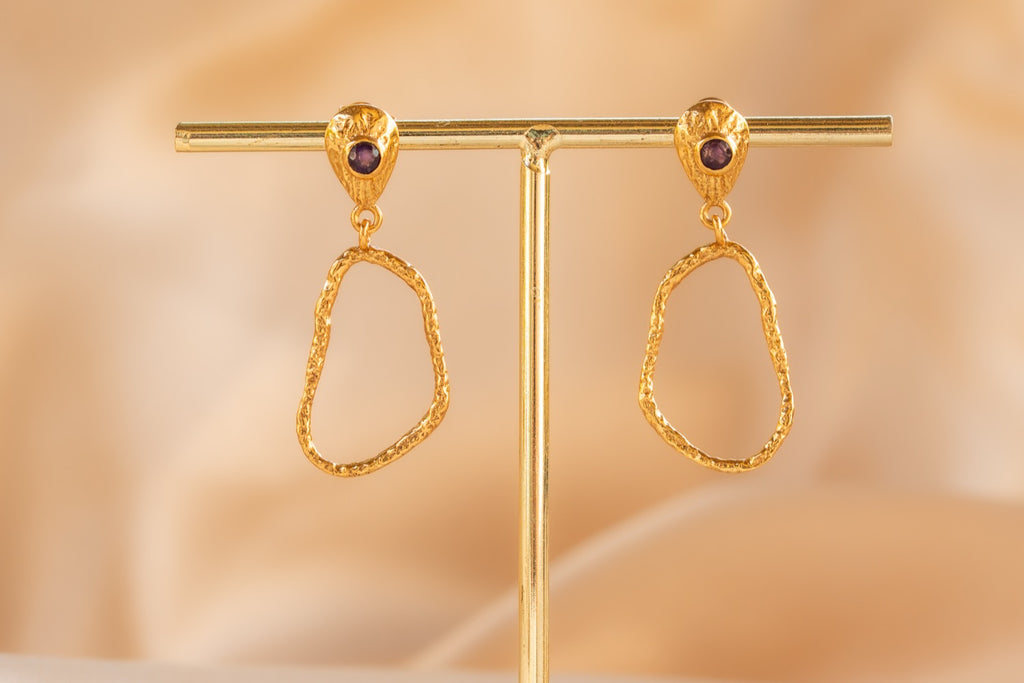 Wisp Drop handmade brass earring with amethyst stone — Land of Sundara