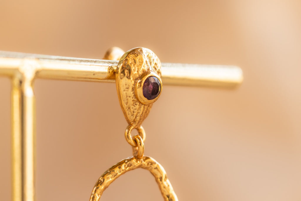 Wisp Drop handmade brass earring with amethyst stone — Land of Sundara