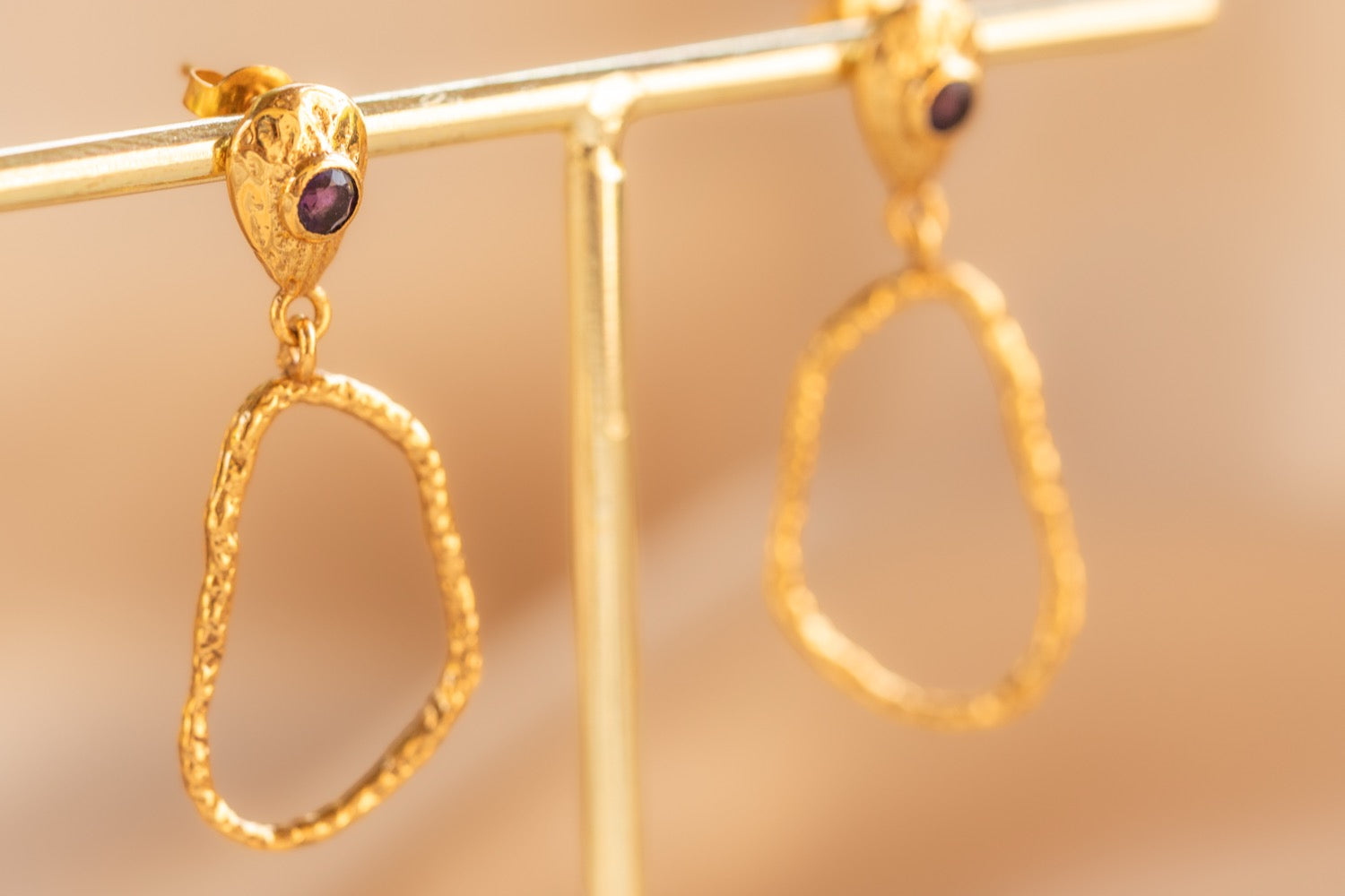 Wisp Drop handmade brass earring with amethyst stone — Land of Sundara