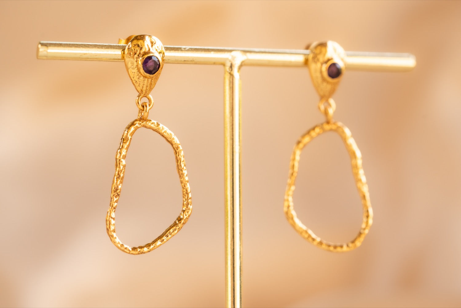 Wisp Drop handmade brass earring with amethyst stone — Land of Sundara