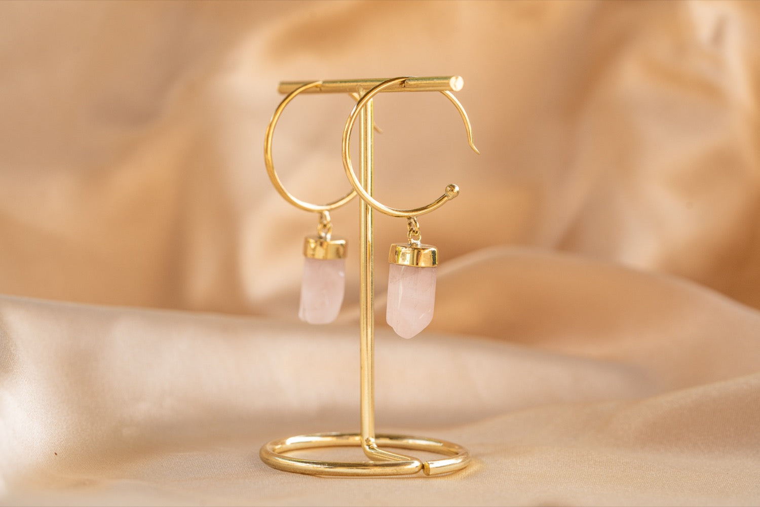 Thorn Hoop handmade brass earring with pink quartz stone — Land of Sundara