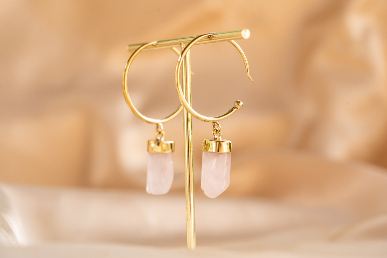 Thorn Hoop handmade brass earring with pink quartz stone — Land of Sundara