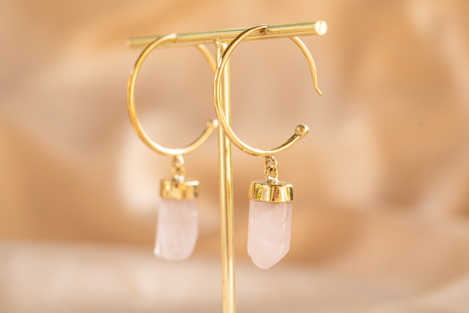 Thorn Hoop handmade brass earring with pink quartz stone — Land of Sundara