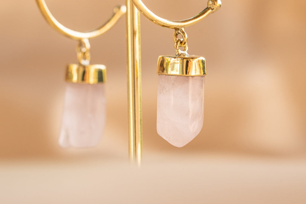 Thorn Hoop handmade brass earring with pink quartz stone — Land of Sundara