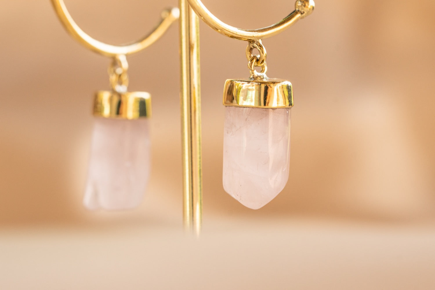 Thorn Hoop handmade brass earring with pink quartz stone — Land of Sundara