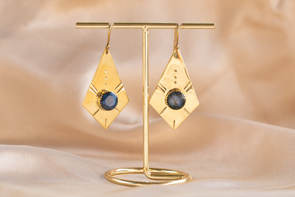 Giza Drop handmade brass earring with labradorite stone — Land of Sundara