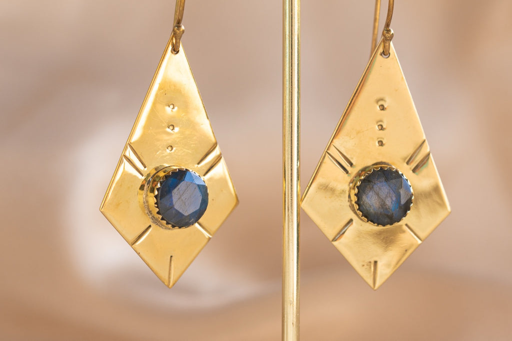 Giza Drop handmade brass earring with labradorite stone — Land of Sundara